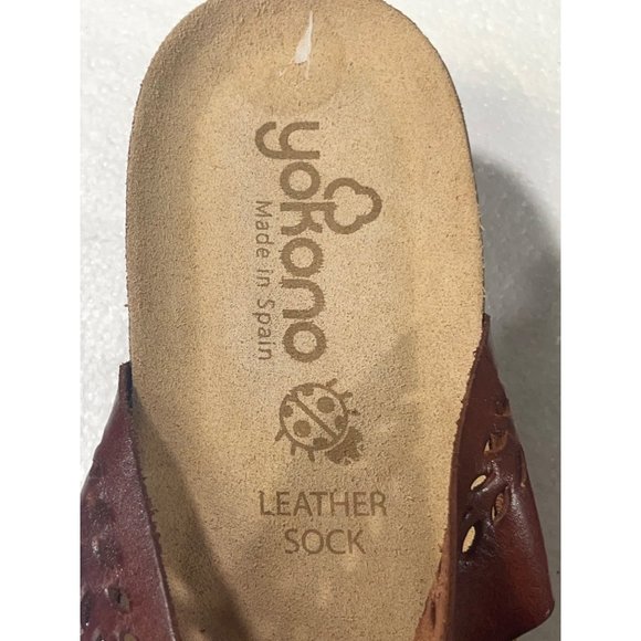 YOKONO Womens size 9.5 Redish Brown Strap Wedge Sandals Slip On Leather Cork - Picture 15 of 16